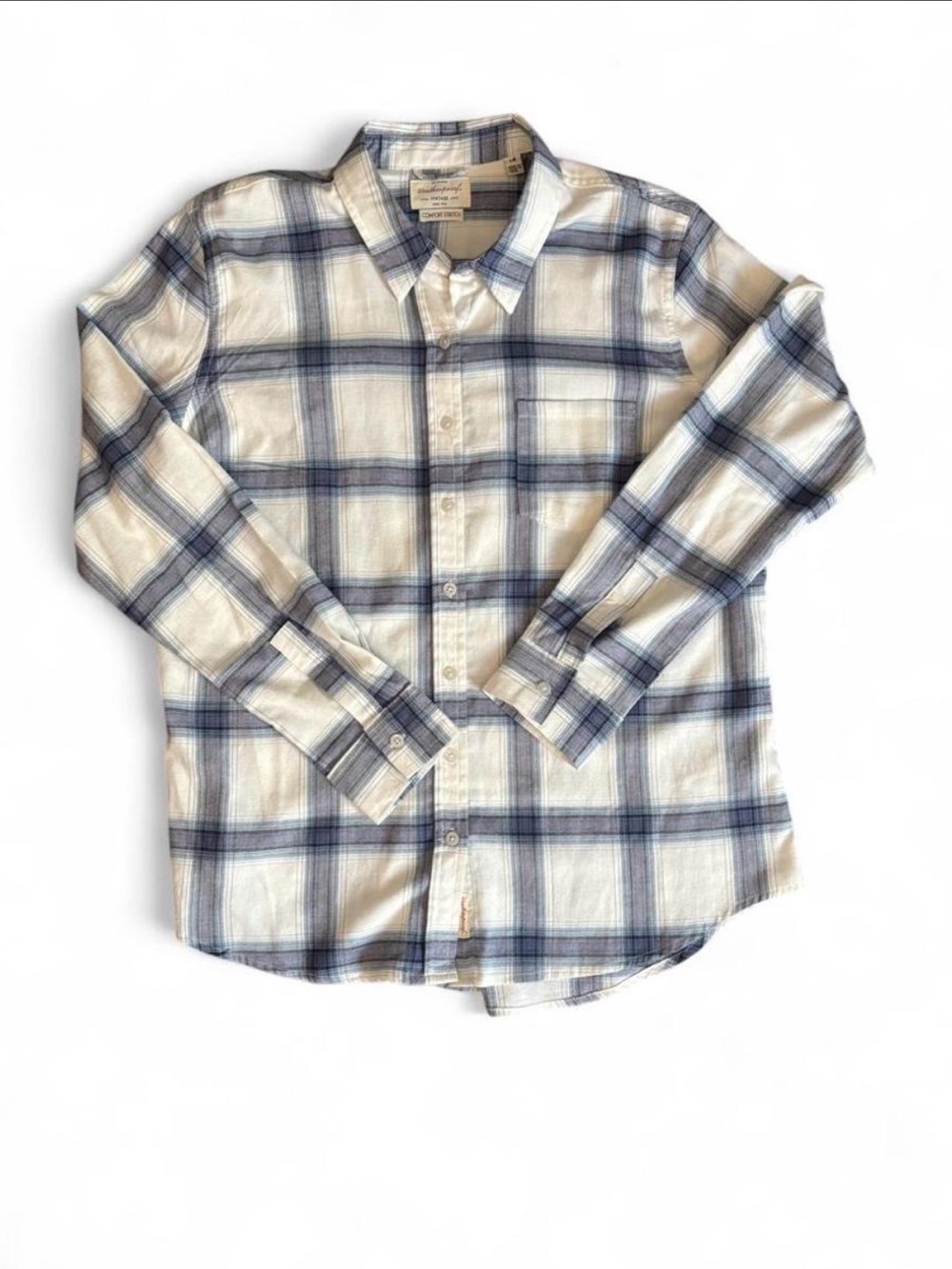 Women’s Cream and Blue Plaid Button-Down Shirt